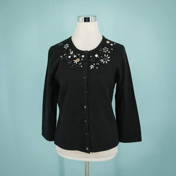 Garnet Hill Size Medium M Black Beaded Jewel Button Wool Angora Cardigan - Picture 1 of 7